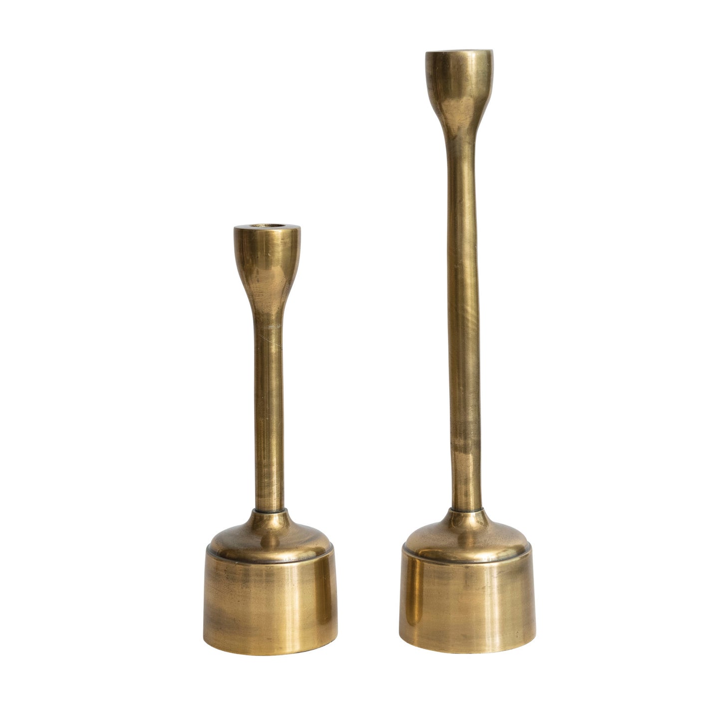 S/2 Cast Aluminum Taper Holders, Antique Brass Finish