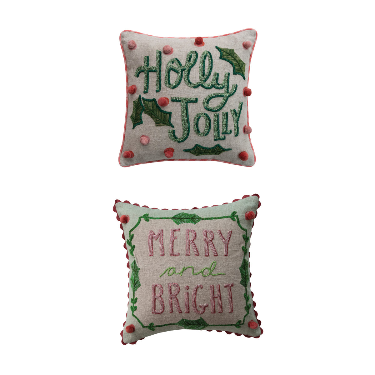 Pillow w Embroidery, beads, pom poms