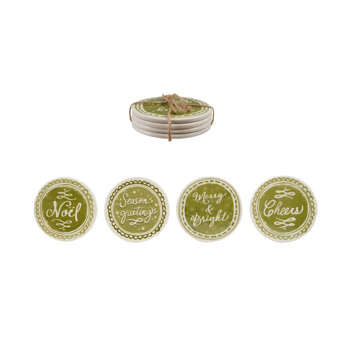 Coasters with Holiday Design & Saying, Green & White, Set of 4 Tied with Jute